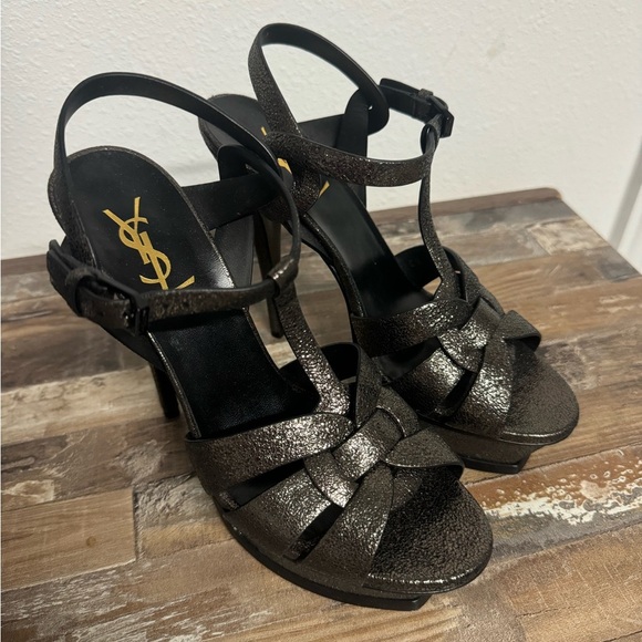 Saint Laurent Shoes - Saint Laurent Metallic Black Strappy Heels